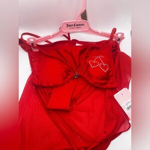NWT Juicy Couture Rhinestone Cherry Heart 3 Piece Bikini Red Size S